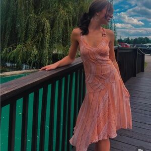 Vintage Y2K Bebe Silk Asymmetrical Handkerchief Hem Peach Orange Dress